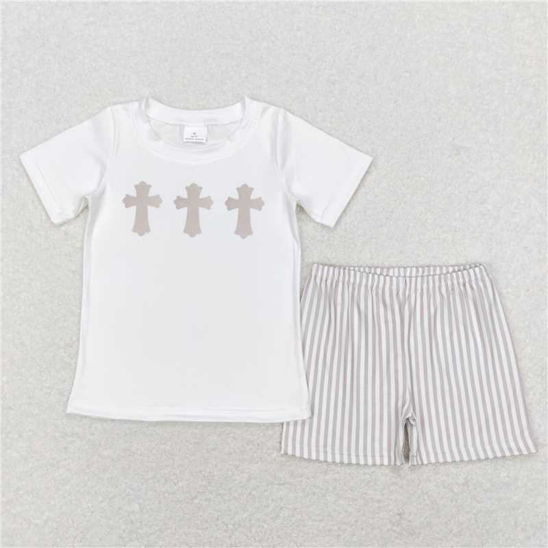 6.16 RTS NO MOQ White cross top khaki stripe bummies baby boy easter set rompers dress
