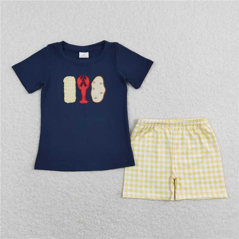 4.18 RTS NO MOQ Girls Navy Plaid Corn Crawfish Top And Shorts Set Cute Animal Print Outfit for Kids