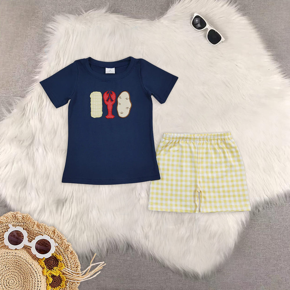 8.12 RTS Sibling Blue short sleeves crawfish top plaid shorts boy outfits