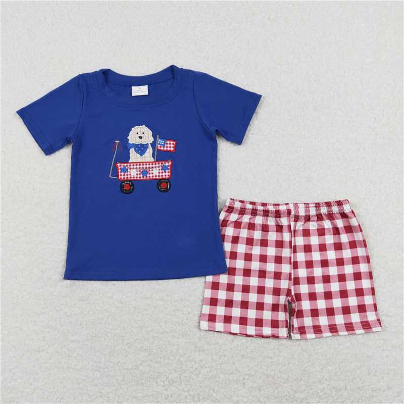 RTS Sibling Dog flag top plaid shorts boys 4th of july clothes rompers