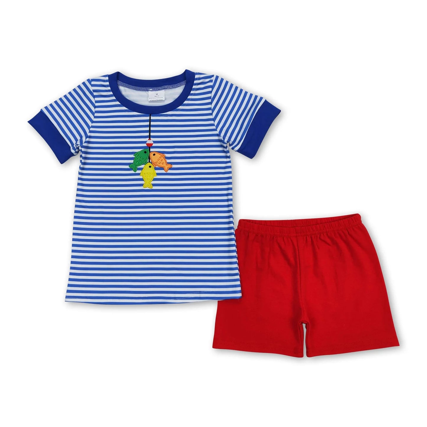 9.30 RTS Sibling Brother Baby Boys Embroidery Fishing Blue Stripes Summer Clothes Sets Rompers