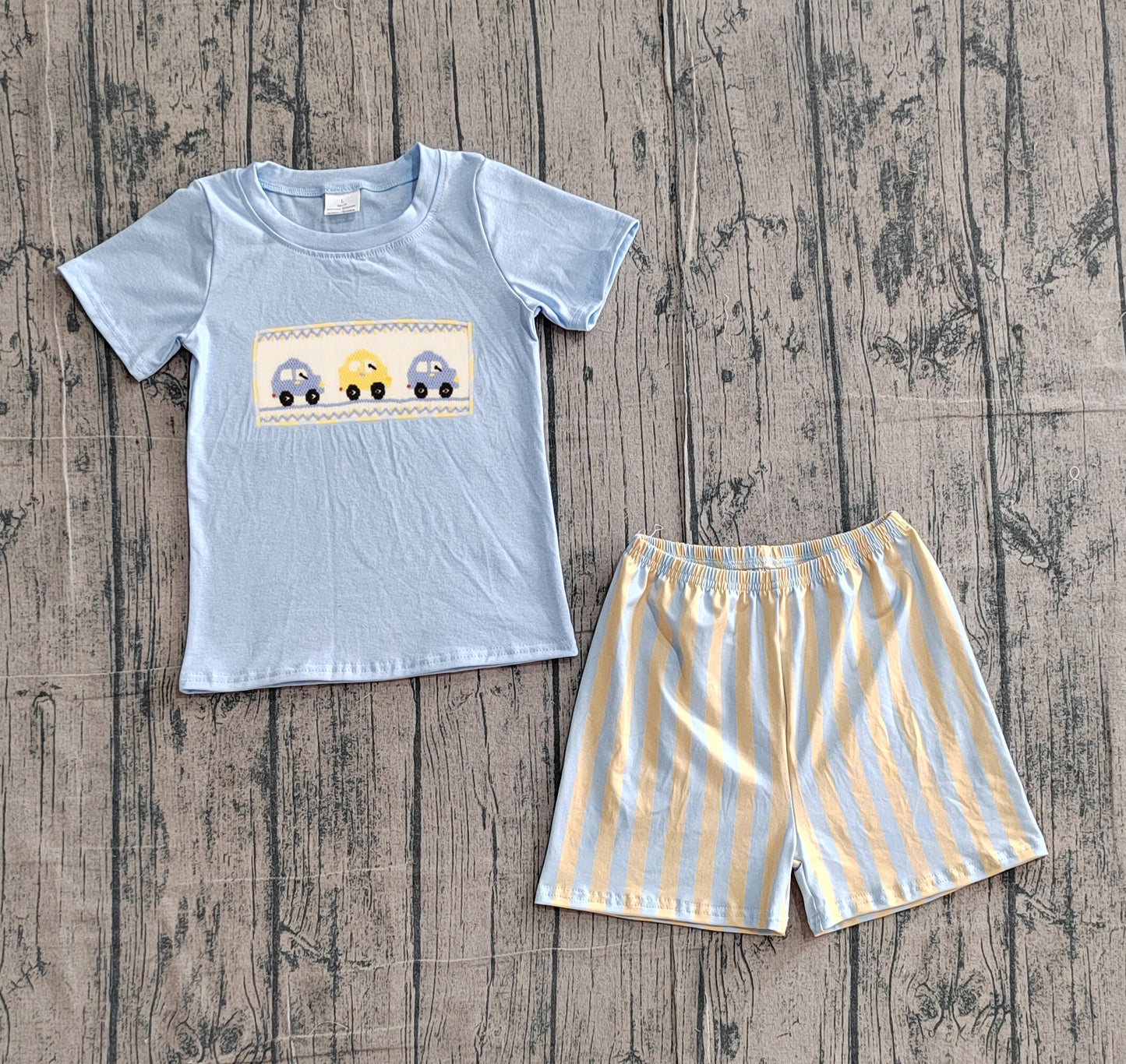 3.10 BSSO0617 Sample No Moq Summer Baby Boys Embroidery Cars Blue Shirt Top Stripe Shorts Clothes Sets