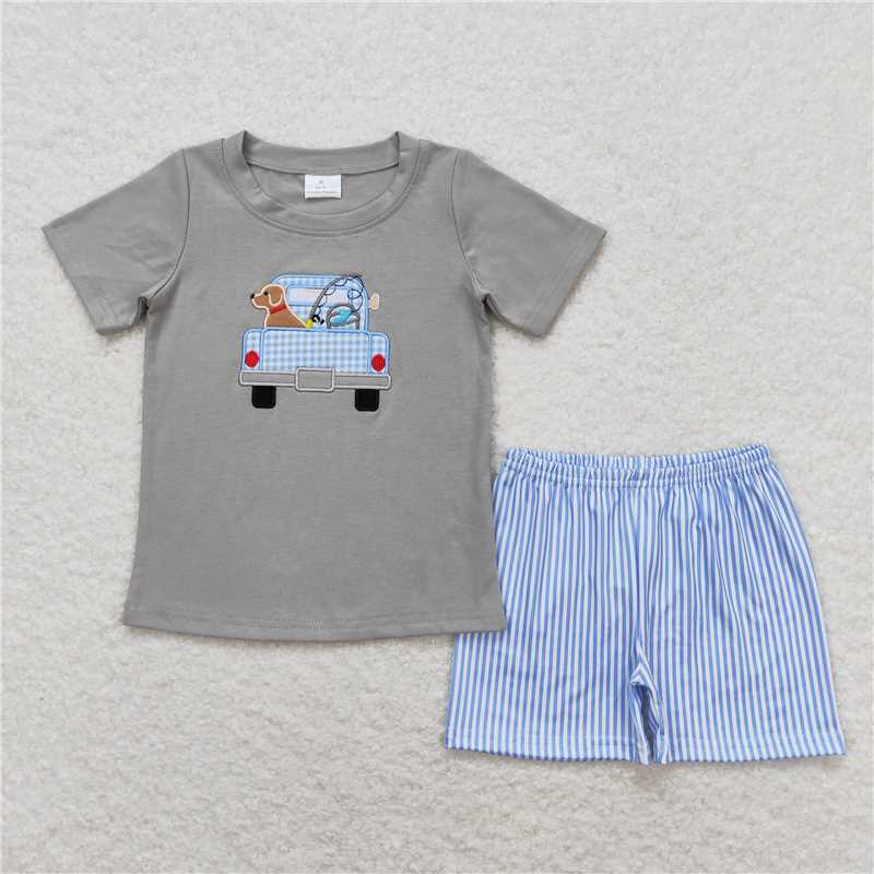 6.16 RTS NO MOQ Dog fishing truck top plaid shorts boys clothes rompers