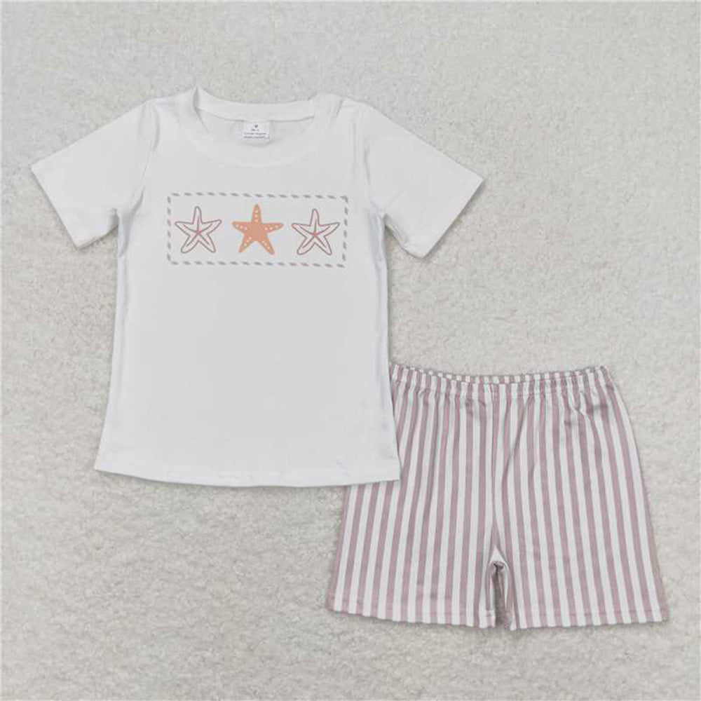 5.19 BSSO0826 RTS NO MOQ White starfish top stripe shorts boys summer outfits