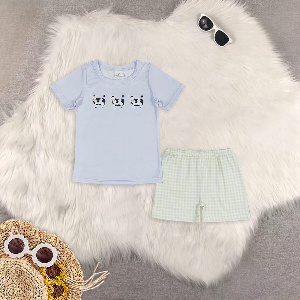 8.02 RTS Sibling Short sleeves cows top plaid shorts boys clothes rompers