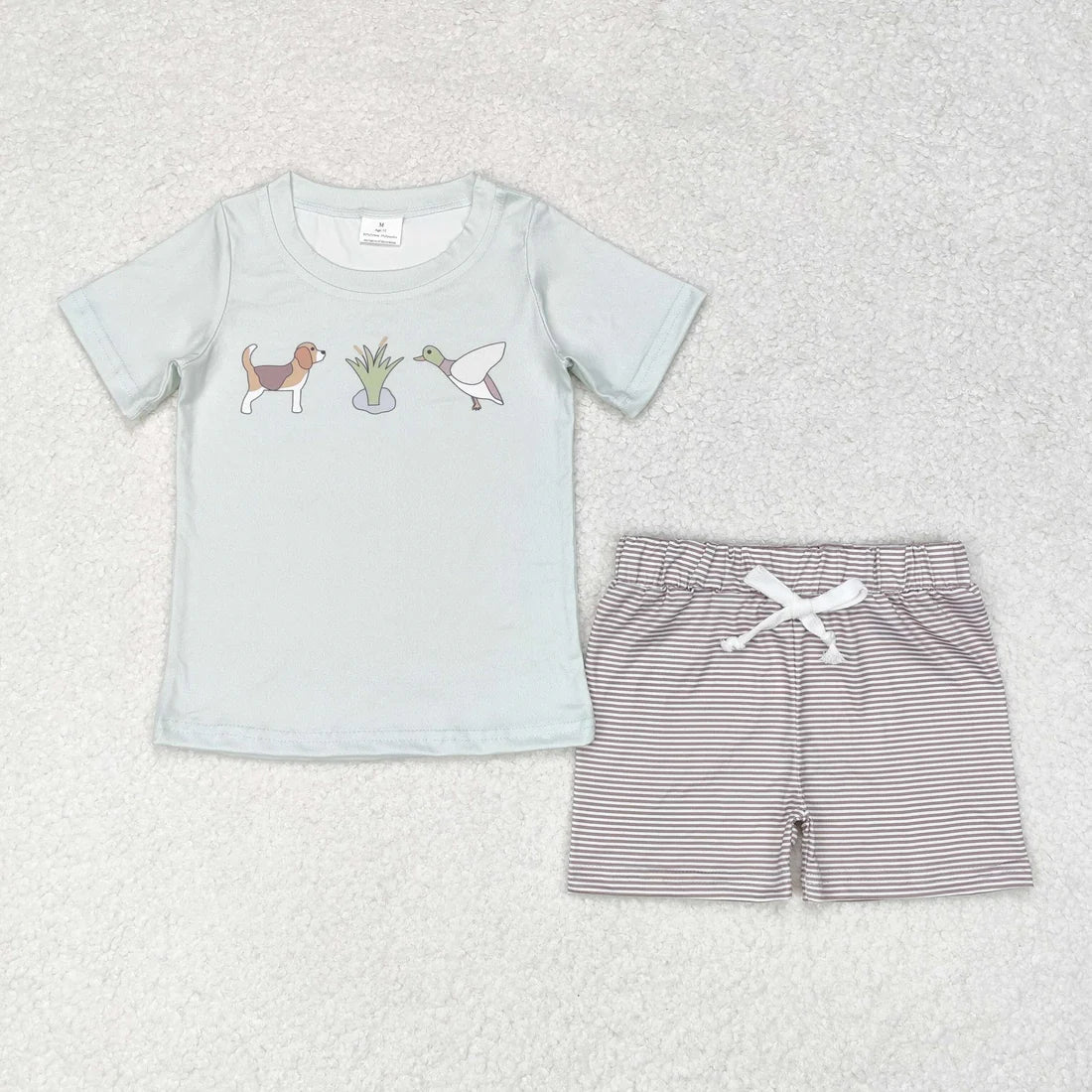 12.19 RTS Sibling Baby Boys Short Sleeve Dogs Ducks Fishing Print Top Shorts Hunting Clothes Sets