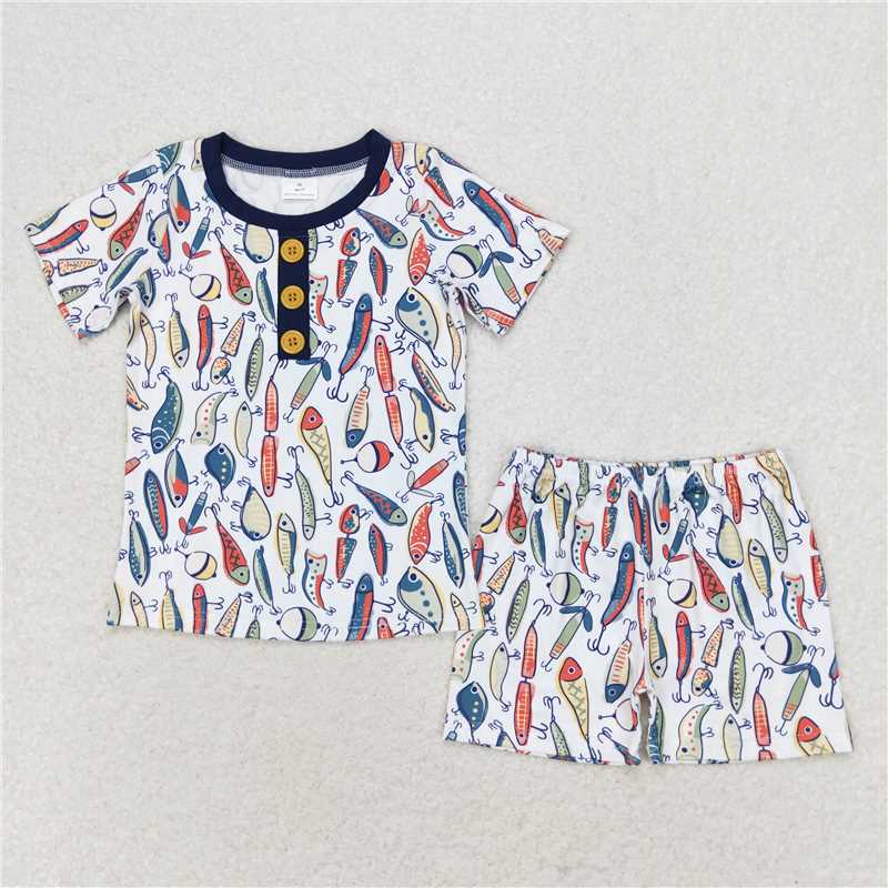 6.11 BSSO0987 RTS NO MOQ Baby Boys Summer Boys Outfits Short sleeves fishing print kids boys summer pajamas