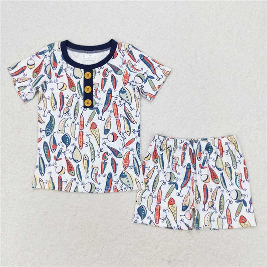 6.11   BSSO0987 RTS NO MOQ Baby Boys Summer Boys Outfits Short sleeves fishing print kids boys summer pajamas