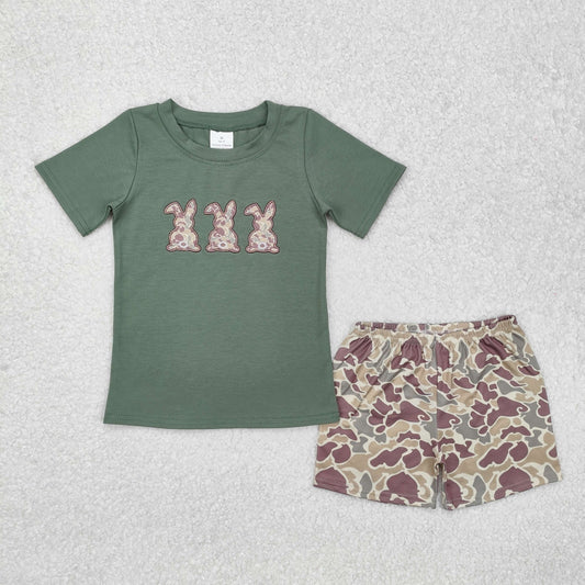 RTS NO MOQ ETA 5/7days Arrived BSSO1004 Embroidered camouflage bunny green short-sleeved shorts set