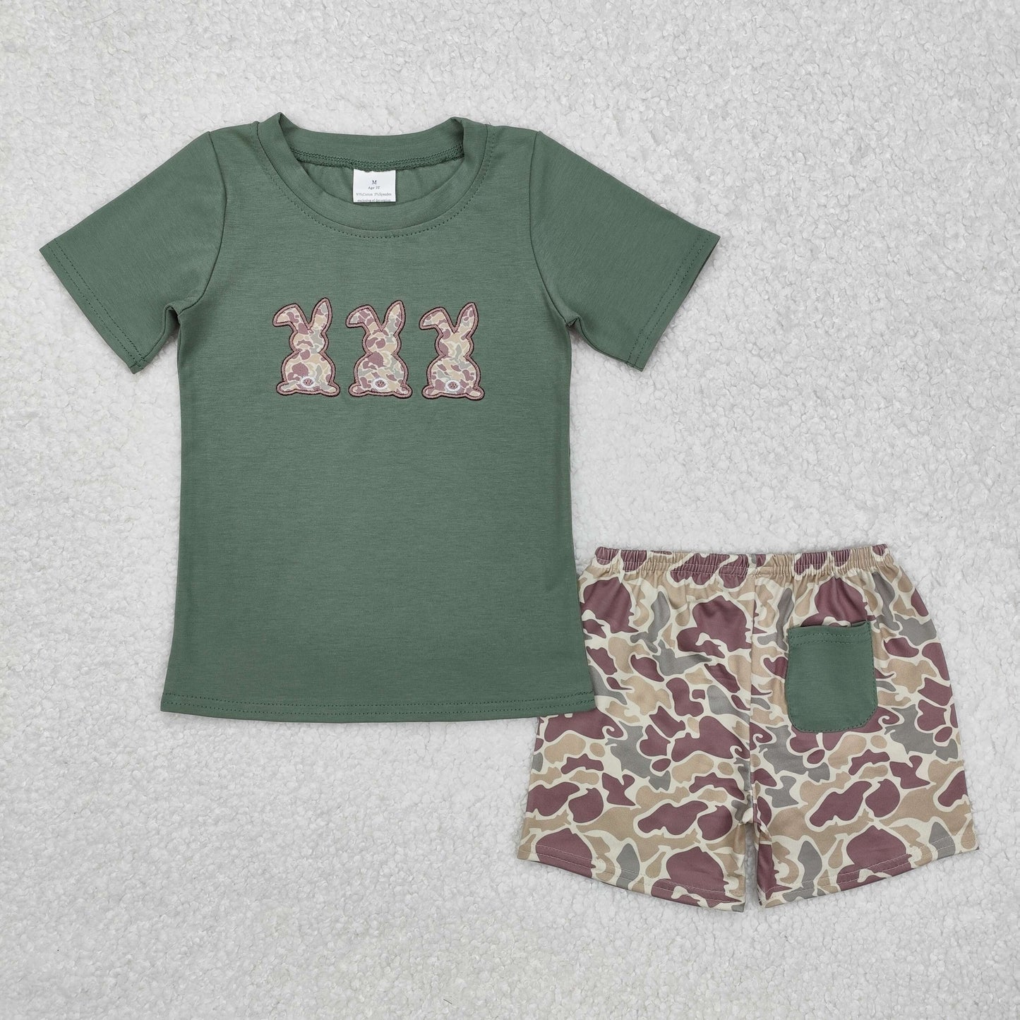 RTS NO MOQ ETA 5/7days Arrived BSSO1004 Embroidered camouflage bunny green short-sleeved shorts set
