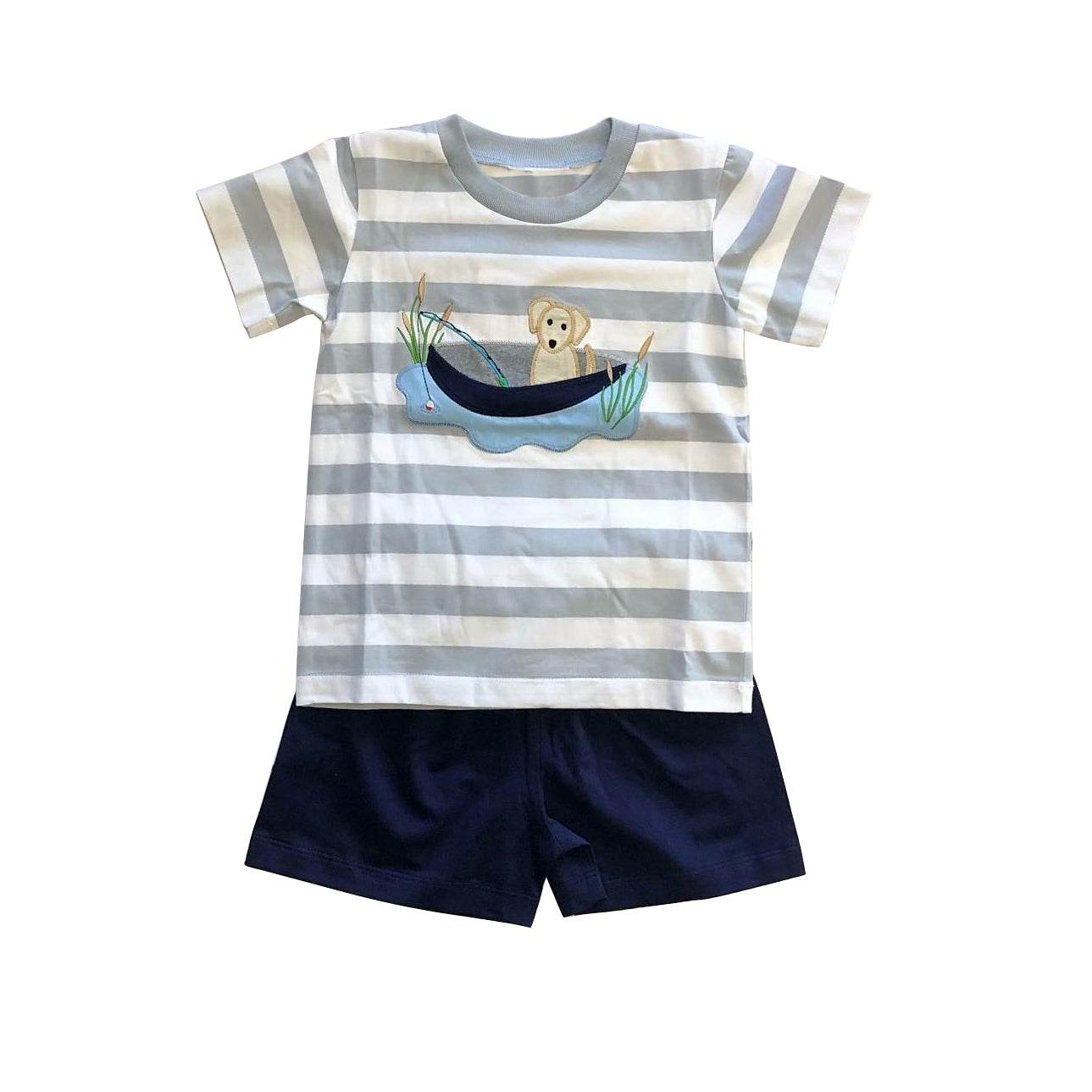 Baby Boys Grey Stripes Dog Fishing Top Shorts Clothing Sets Preorder BSSO1043
