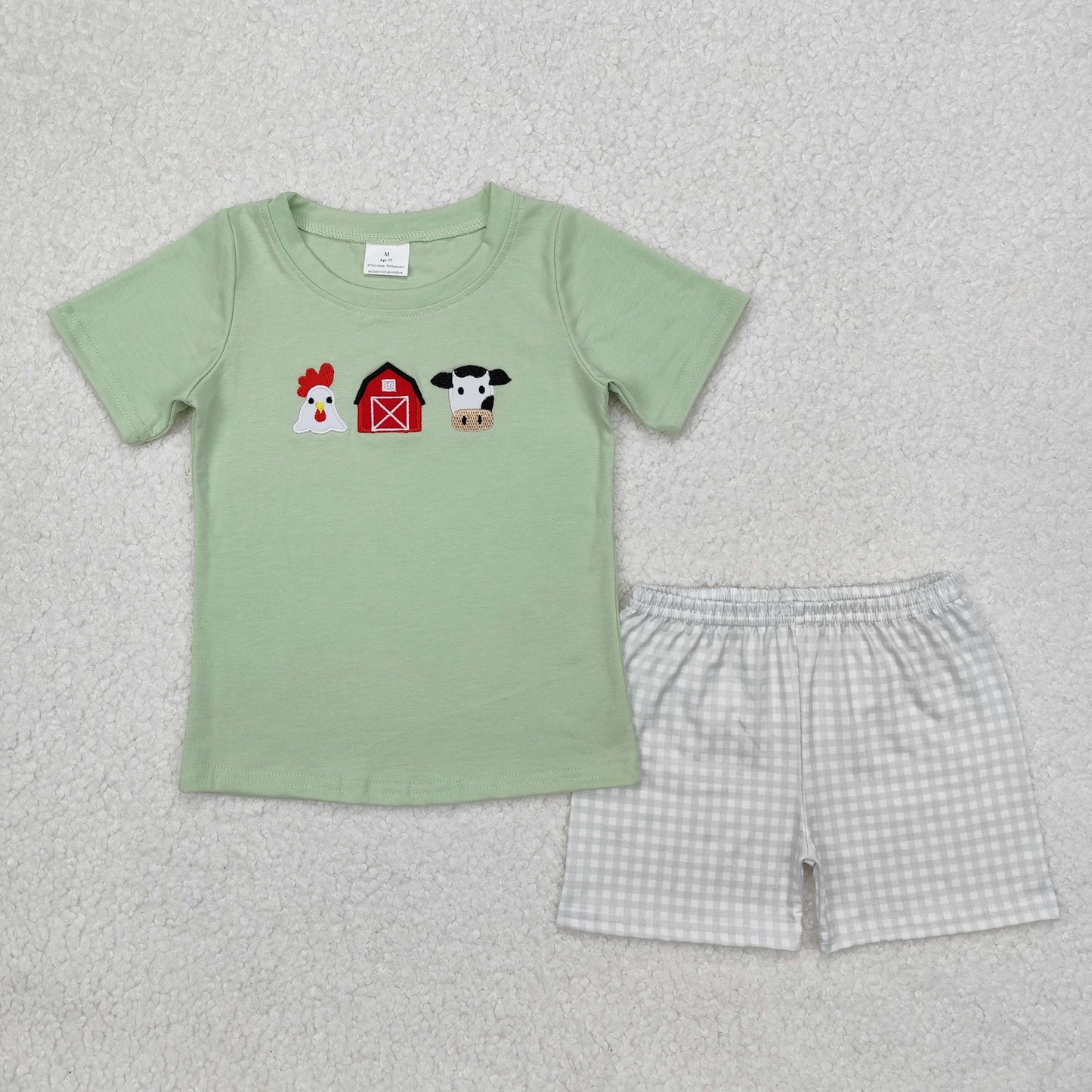 BSSO1067 Short sleeves chicken cow top plaid shorts farm boy clothes