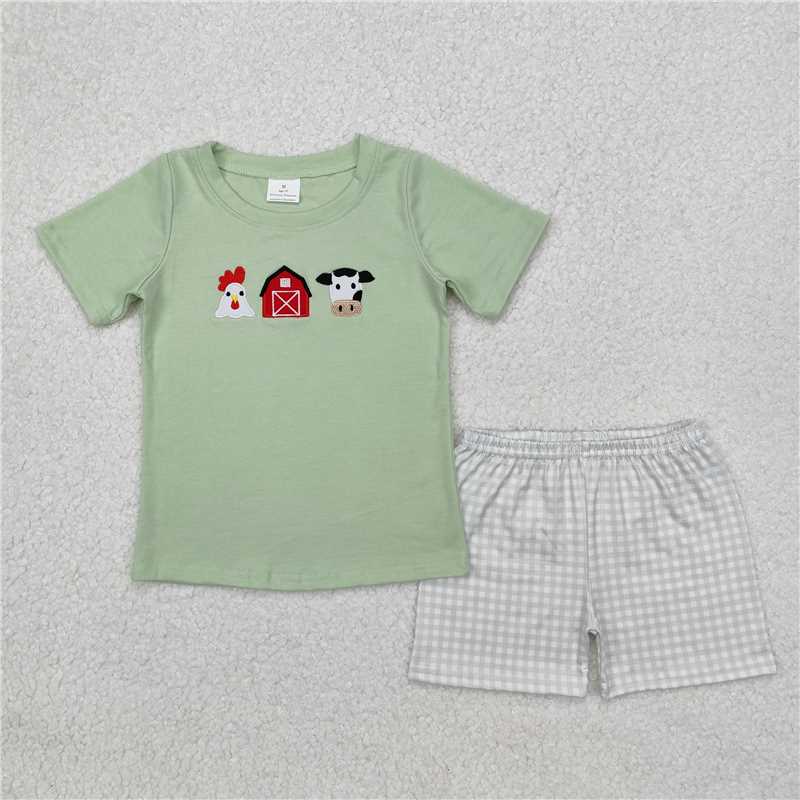 6.11 BSSO1067 RTS NO MOQ Baby Boys Summer Boys Outfits Kids Boys Farm Embroidery Chicken Cow Outfit