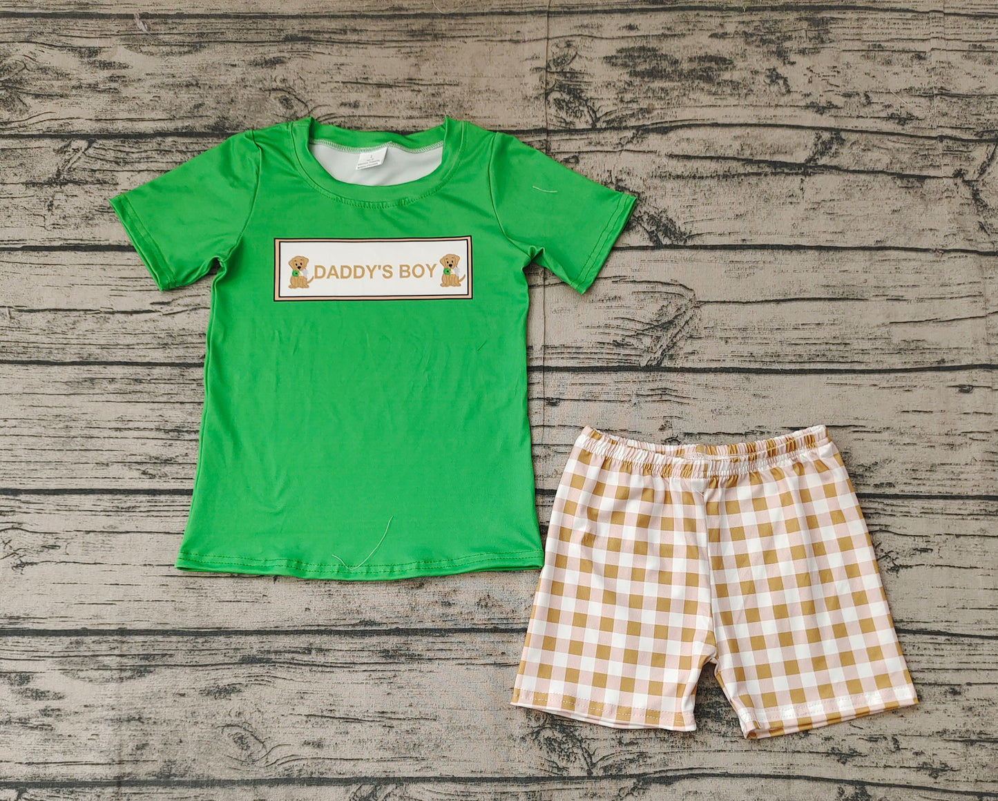 BSSO1131Green daddy's boy dog top plaid shorts kids boys clothes