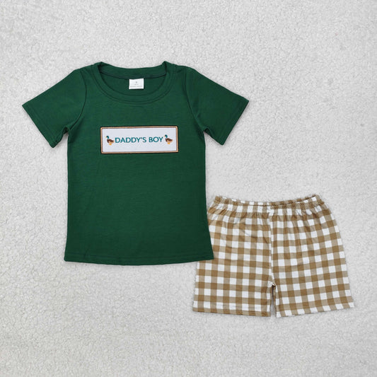 RTS NO MOQ ETA 5/7days Arrived BSSO1132 Embroidered daddy's boy duck green short-sleeved plaid shorts set