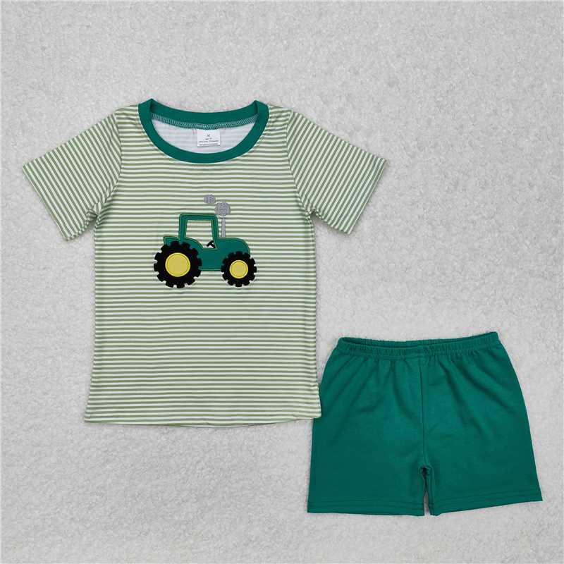 6.09 BSSO1184 RTS NO MOQ Baby Boys Summer Boys Outfits Baby Boys Short Sleeves Embroidery Truck Print Stripe Top Green Shorts Farm Set