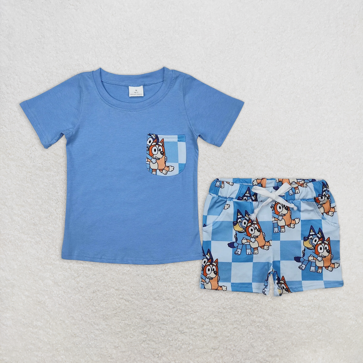 8.25 BSSO1211 RTS NO MOQ Baby Boys Summer Boys Outfits bluey plaid pocket blue short sleeve shorts set