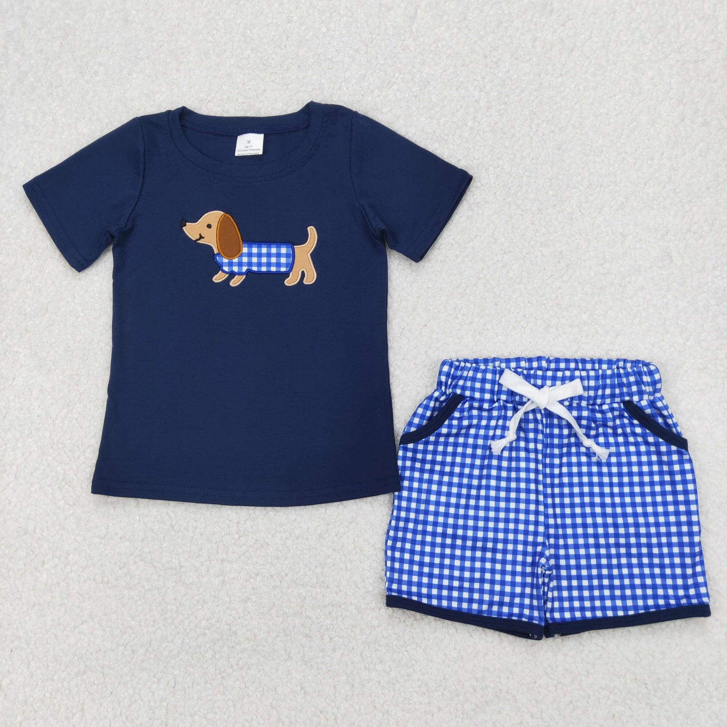4.10 BSSO1227 RTS NO MOQ Baby Boys Summer Boys Outfits Baby Boys Navy Short Sleeves Dog Print Top Plaid Pockets Short Set