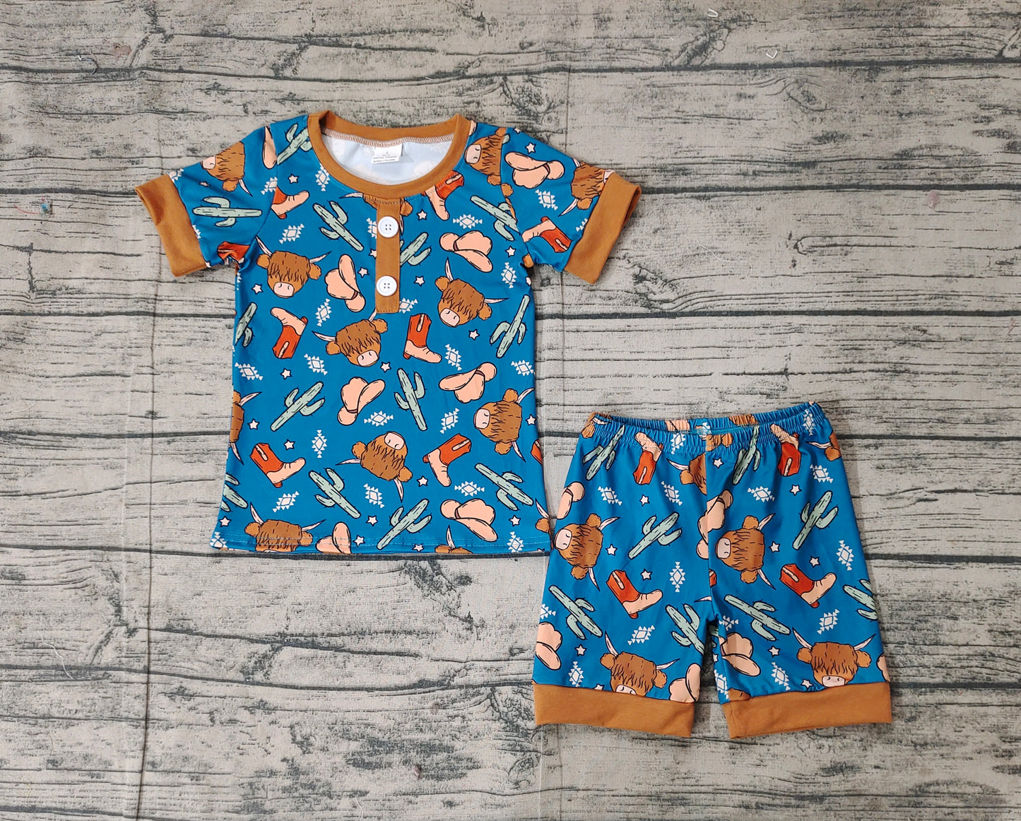 BSSO1232Kids Boys Pajamas Short Sleeves Highland Cow Cactus Print Comfortable Sleepwear for Children