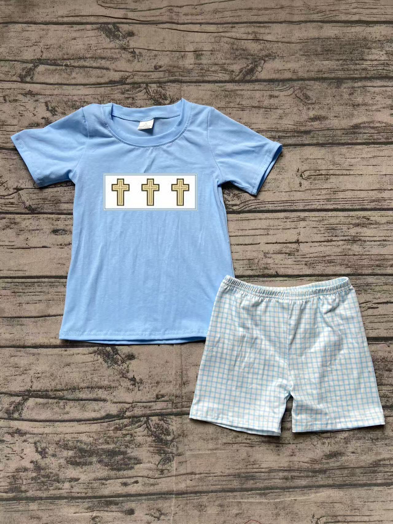BSSO1234Kids Boys Plaid Shorts Outfit Short Sleeves Cross Top Easter Theme Clothing for Children