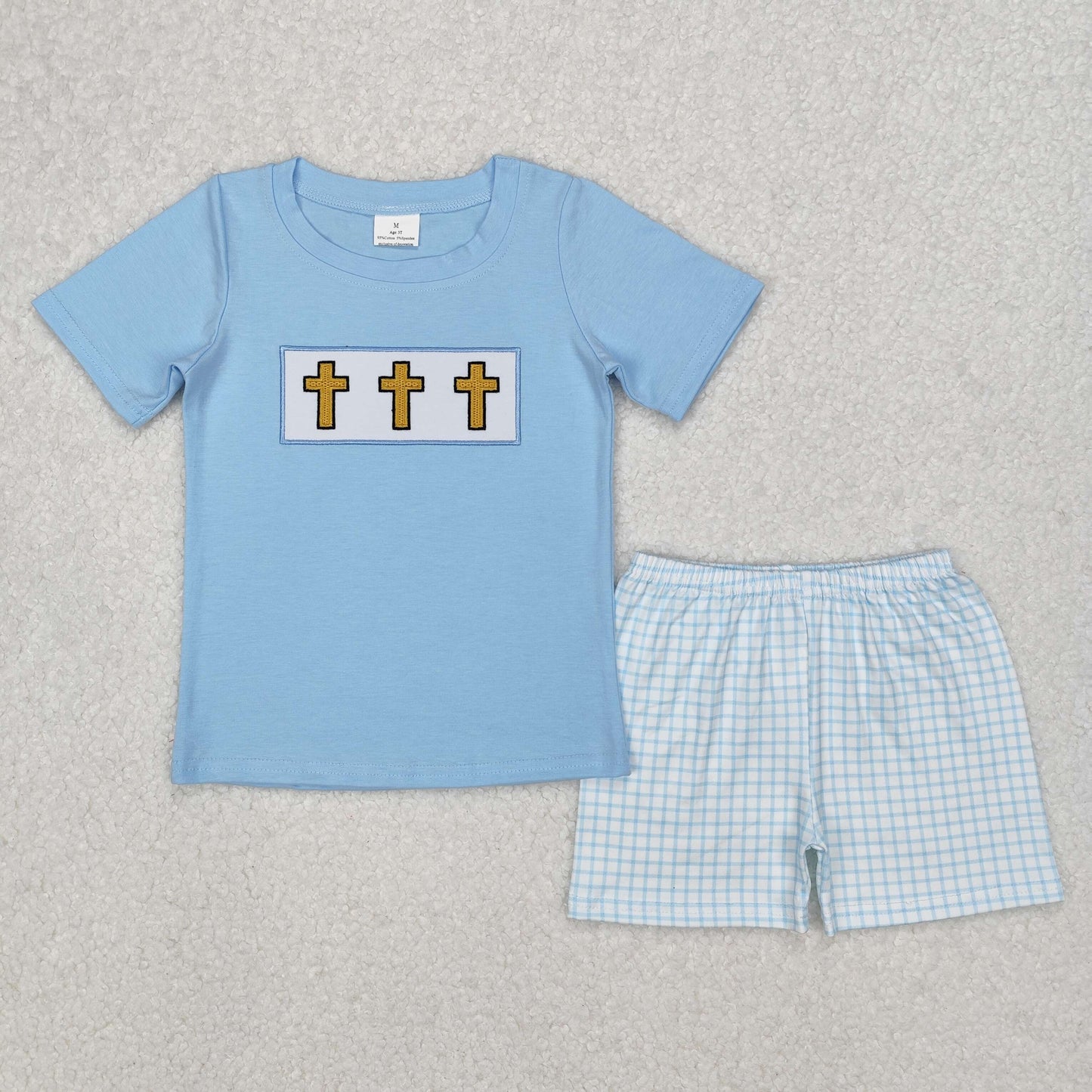 BSSO1234Kids Boys Plaid Shorts Outfit Short Sleeves Cross Top Easter Theme Clothing for Children
