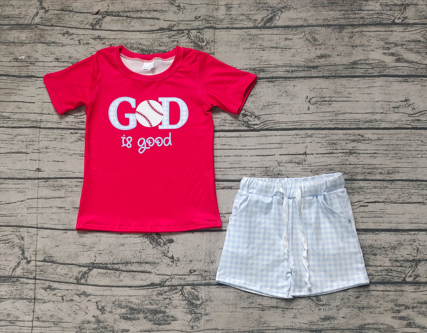 BSSO1248Kids Boys’ Red Baseball Top and Plaid Shorts - A Sporty and Stylish Choice