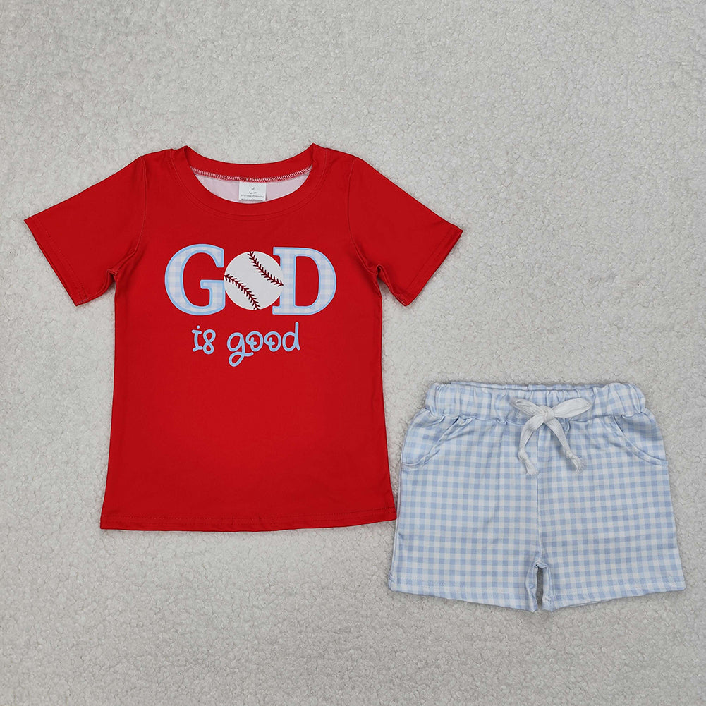 4.24 BSSO1248 RTS NO MOQ Red god is good baseball top plaid shorts boys clothes
