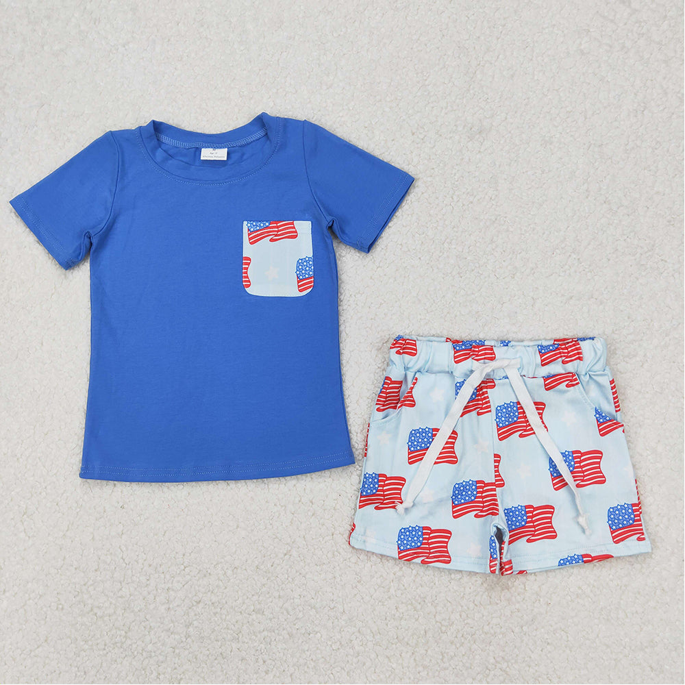 4.26 BSSO1258 RTS NO MOQ Baby Boys Summer Boys Outfits Blue short sleeves top flag stars shorts boys 4th of july outfits