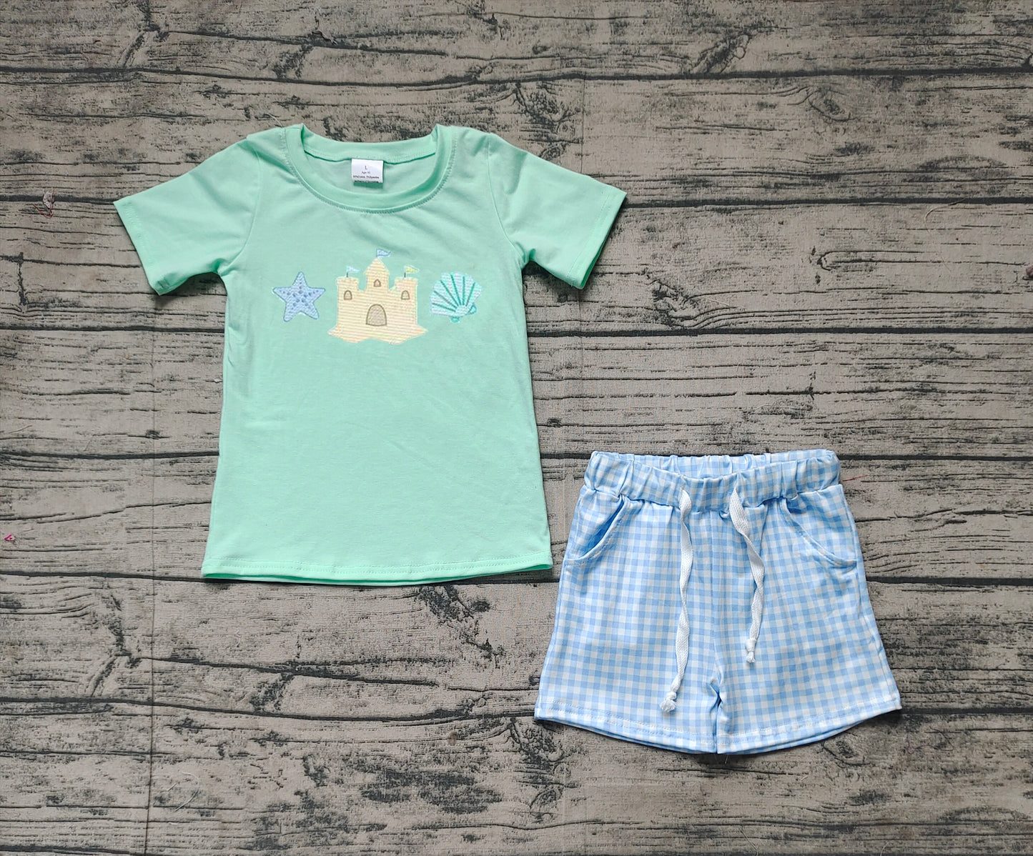 BSSO1266Boys Plaid Shorts Kids Clothing Starfish Shell Castle Top Toddler Boys Summer Outfit Casual Breathable Clothes Set