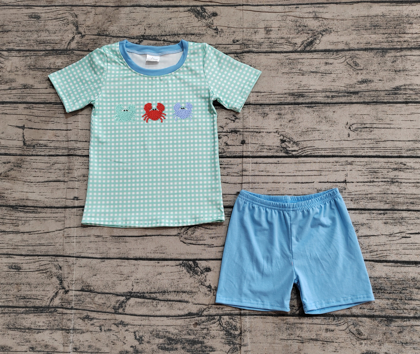 BSSO1279Boys Plaid Crab Print Summer Clothes Set Short Sleeve Top And Shorts Outfit