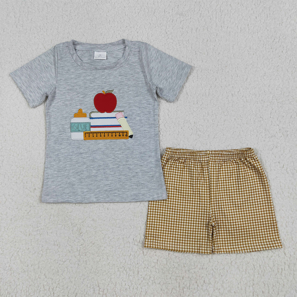 8.13 BSSO1281 RTS NO MOQ Baby Boys Summer Boys Outfits Embroidery Baby Boys Apple Back To School Books Shirt Shorts Sets