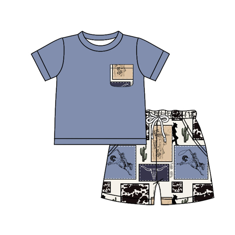 Baby Boys Blue Short Sleeves Pocket Top Cactus Horse Rodeo Short Western Set