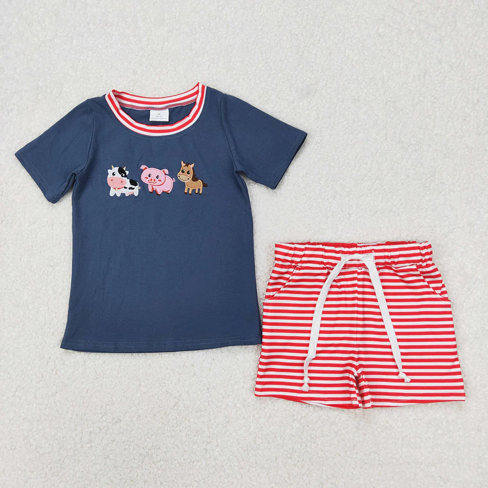 11.27 RTS Sibling Embroidery Boys Baby Girls Blue Farm Animals Summer Outfits