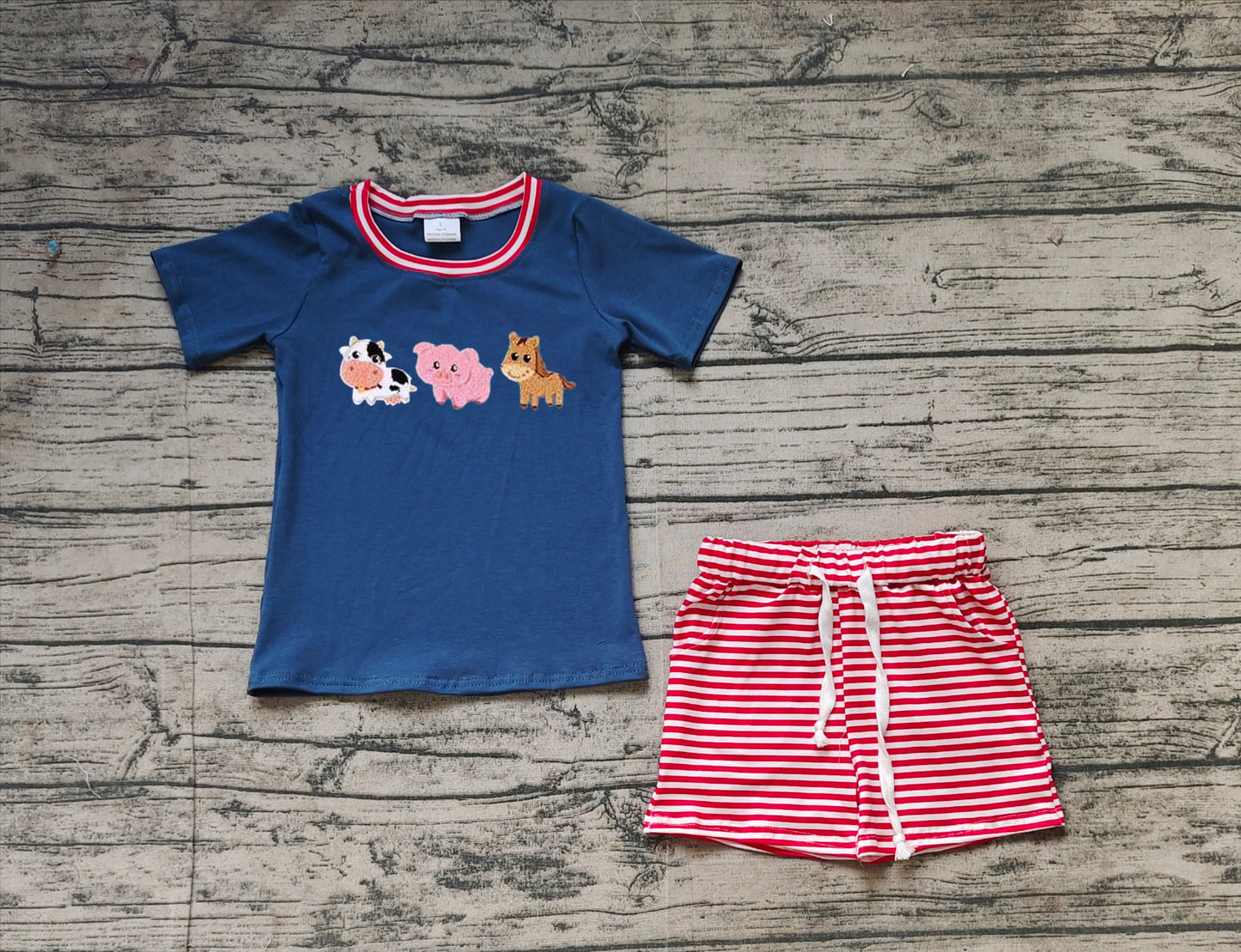 BSSO1295Kids Boys Stripe Shorts Top Set - Cute Animal Print (Cow Pig Horse) Casual Outfit for Children