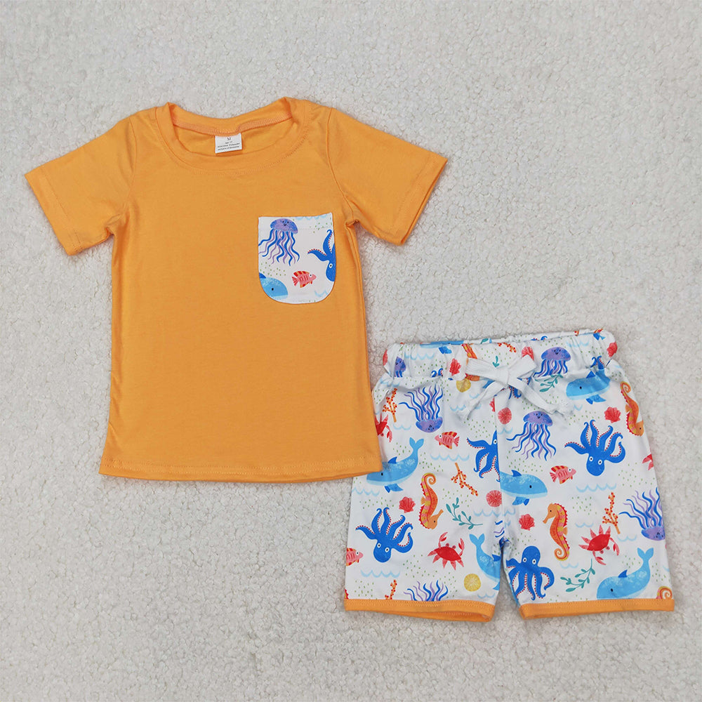 4.17 BSSO1299 RTS NO MOQ Baby Boys Orange Short Sleeves Pocket Top Sea World Short Set