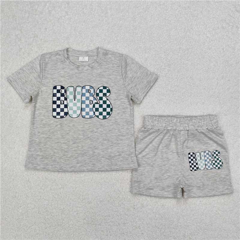 USA Warehouse (IN STOCK) BSSO1304Grey Plaid Short Sleeve Kids Boys Clothes Bubs Clothing for Boys