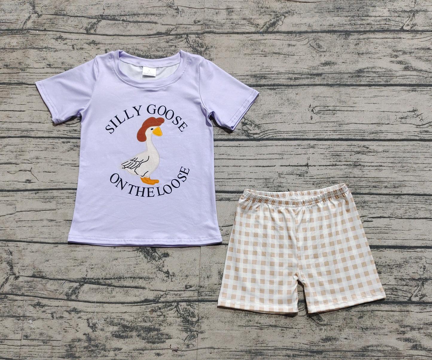 BSSO1305Silly Goose on the Loose Plaid Shorts Top Set Boys Clothing Outfit Casual Kids Fashion