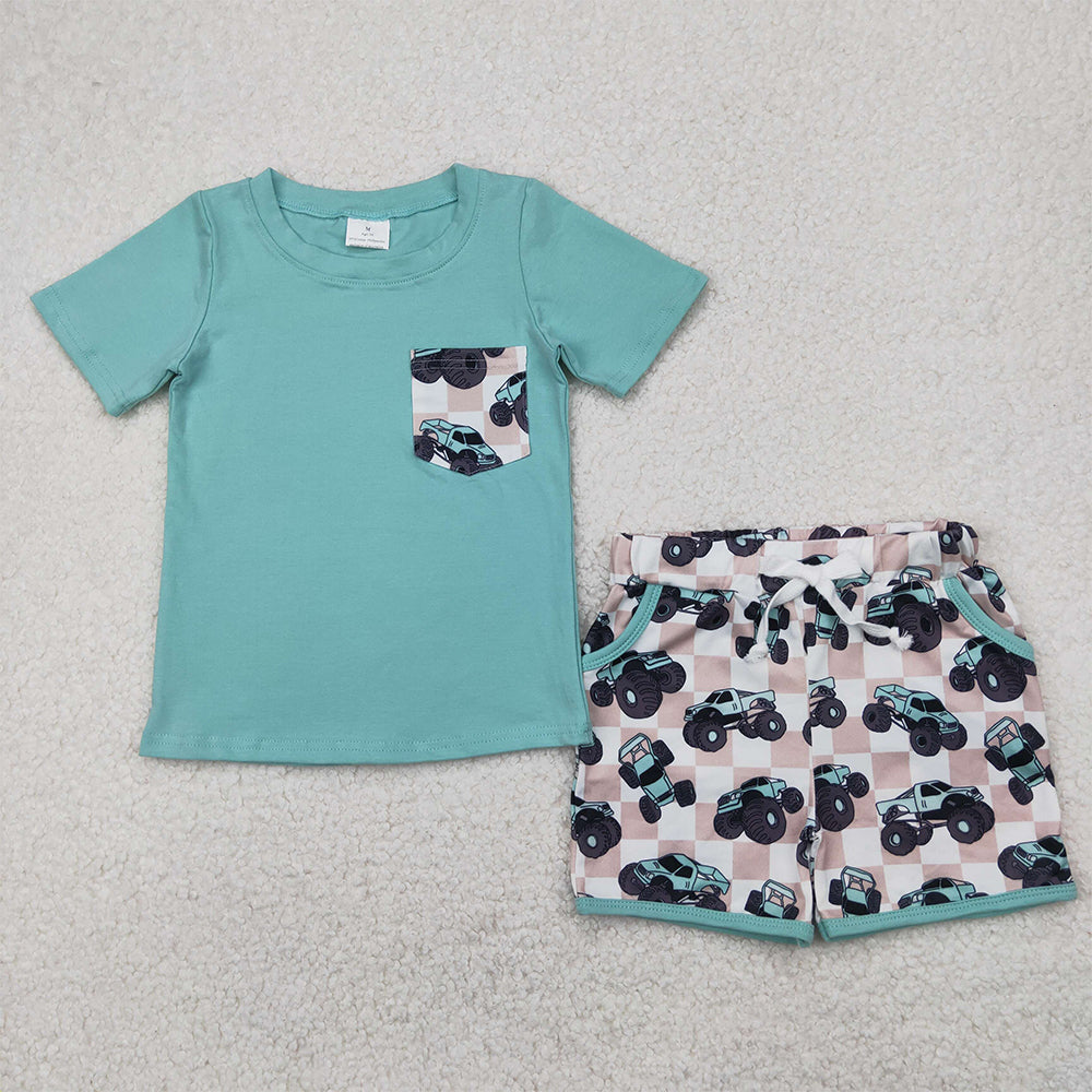 4.11 BSSO1316 RTS NO MOQ Baby Boys Summer Boys Outfits Baby Boys Aqua Short Sleeves Pocket Top Trucks Plaid Short Set