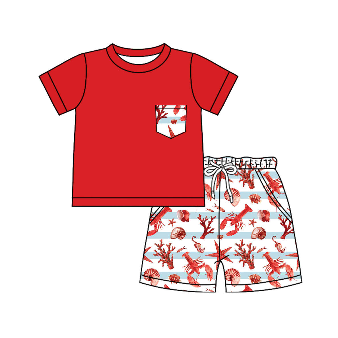 Kids Boys Red Pocket Top Crawfish Stripe Shorts Set Casual Clothing Outfit