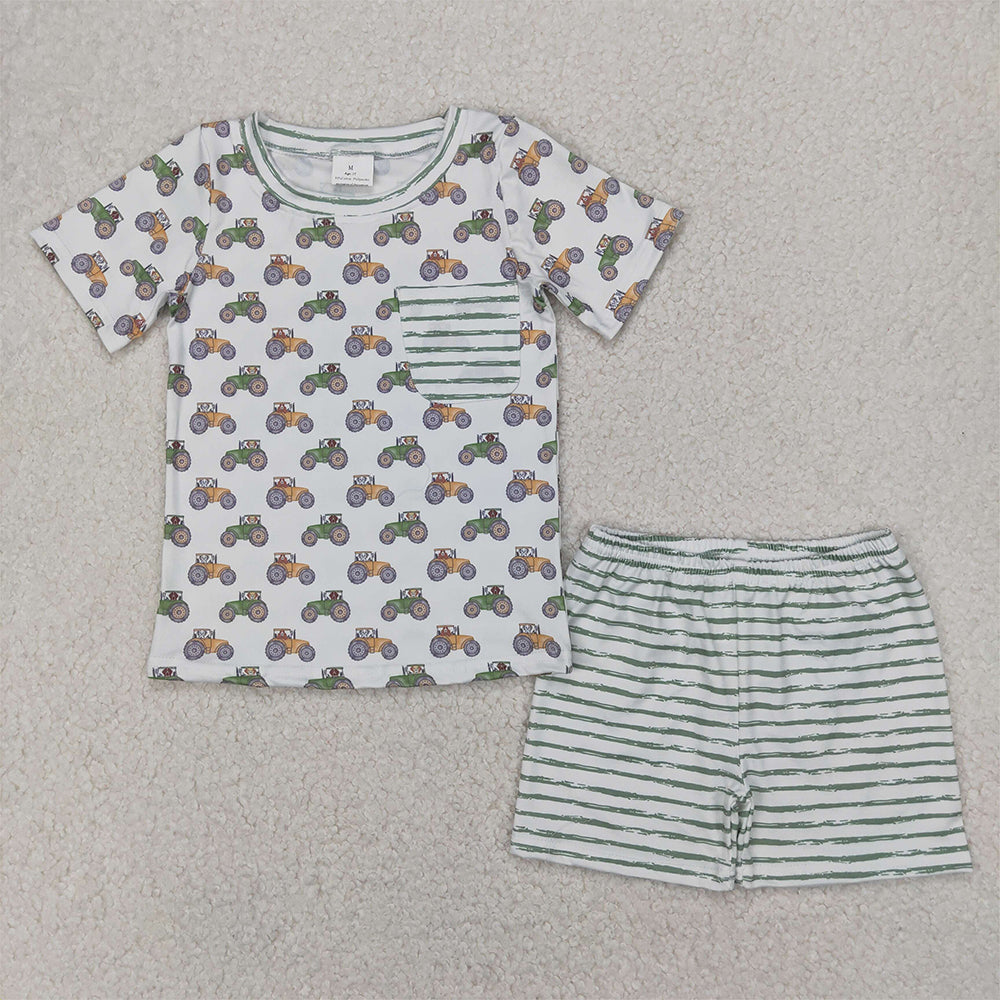 6.13 BSSO1354RTS NO MOQ Baby Boys Summer Boys Outfits Baby Boys Summer Boys Outfits Farm Trucks Pocket Shirt Top Tee Shorts Clothes Sets