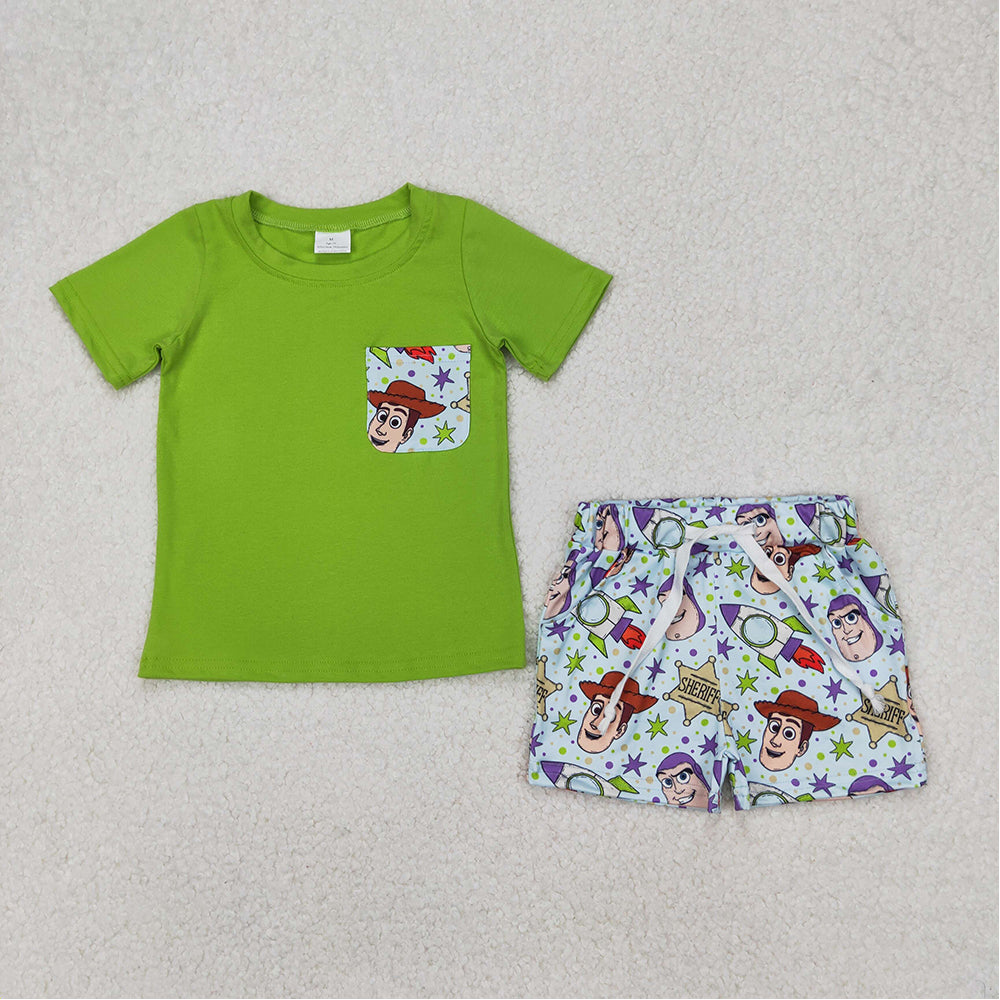 6.24 BSSO1370 RTS NO MOQ Green short sleeves pocket top shorts toy kids boys clothes