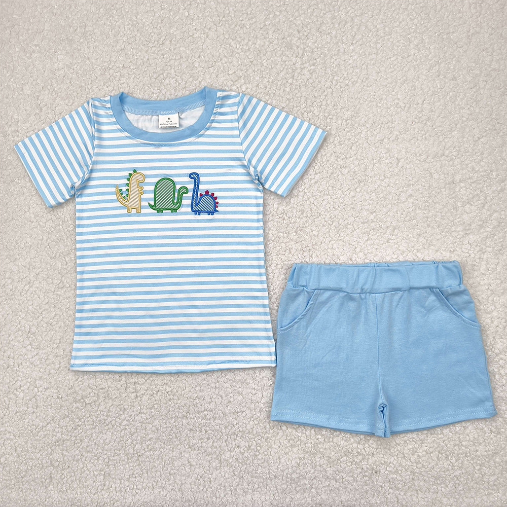BSSO1375 RTS NO MOQ Baby Boys Summer Boys Outfits Embroidery Baby Boys Blue Dinosaurs Shirt Tops Shorts Clothes Sets