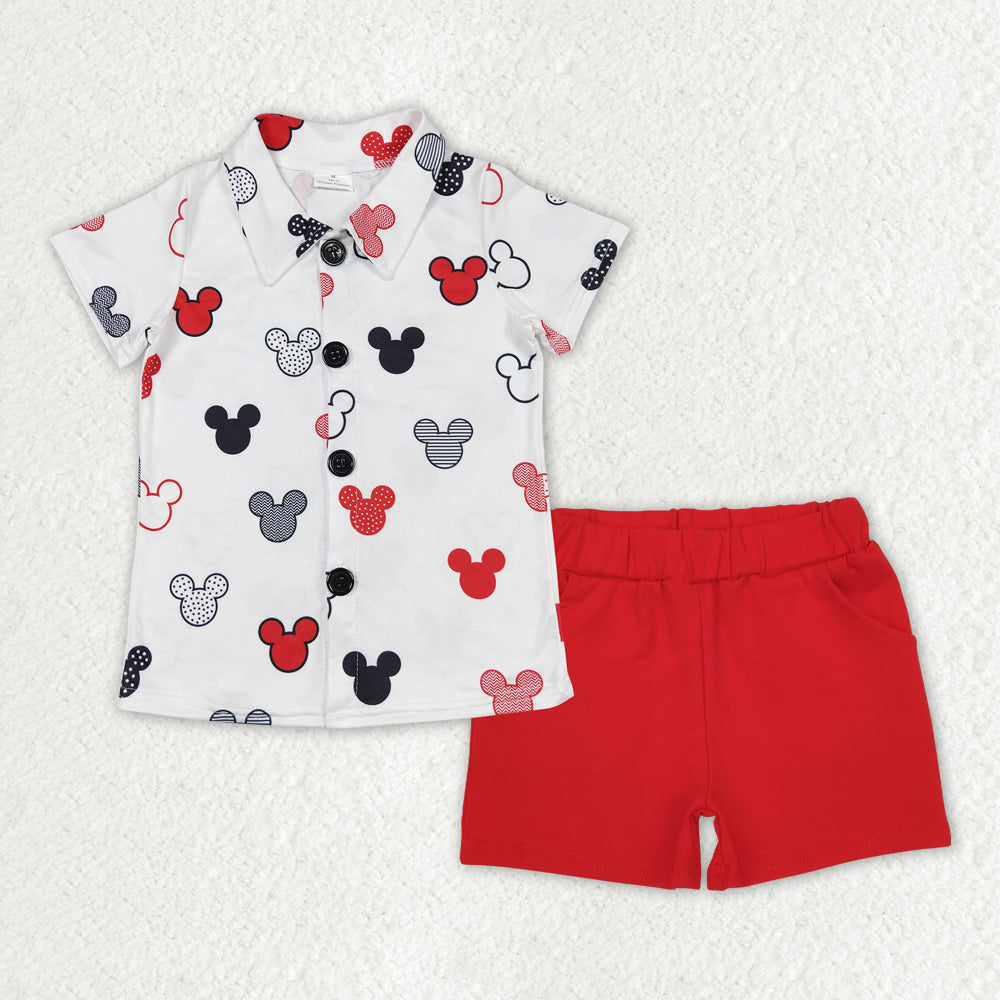 BSSO1387Red Mouse Button down Shirt Shorts Set Boys Clothing Casual Kids Outfits