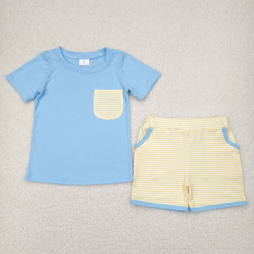 4.11 BSSO1393 RTS NO MOQ Baby Boys Summer Boys Outfits Baby Boys Blue Short Sleeves Pocket Top Yellow Stripe Pockets Short Set
