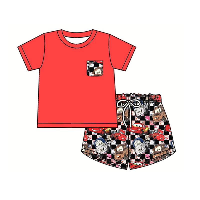 Girls Clothing Set with Flutter Sleeves Cars Plaid Tunic And Shorts Outfit for Kids