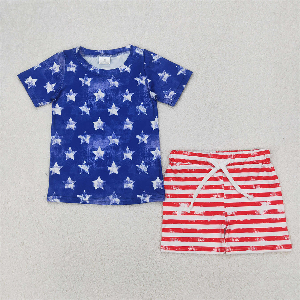 6.16 BSSO1405 RTS NO MOQ Baby Boys Summer Boys Outfits Blue stars top stripe shorts boys 4th of july outfits