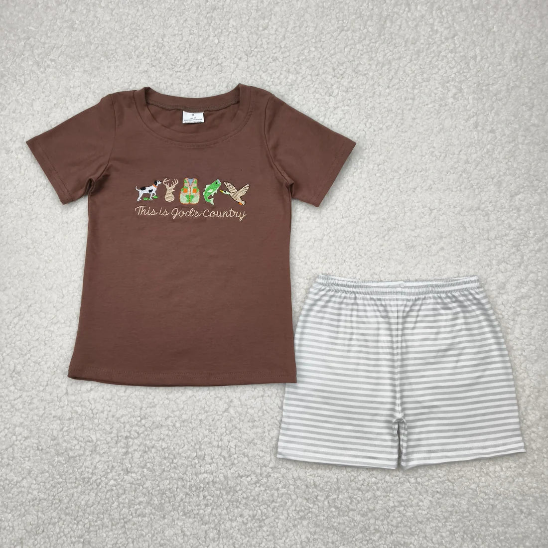 12.27 RTS Sibling Baby Boys Girls Embroidery This is God'd Country Top Stripe Shorts Hunting Clothes Sets