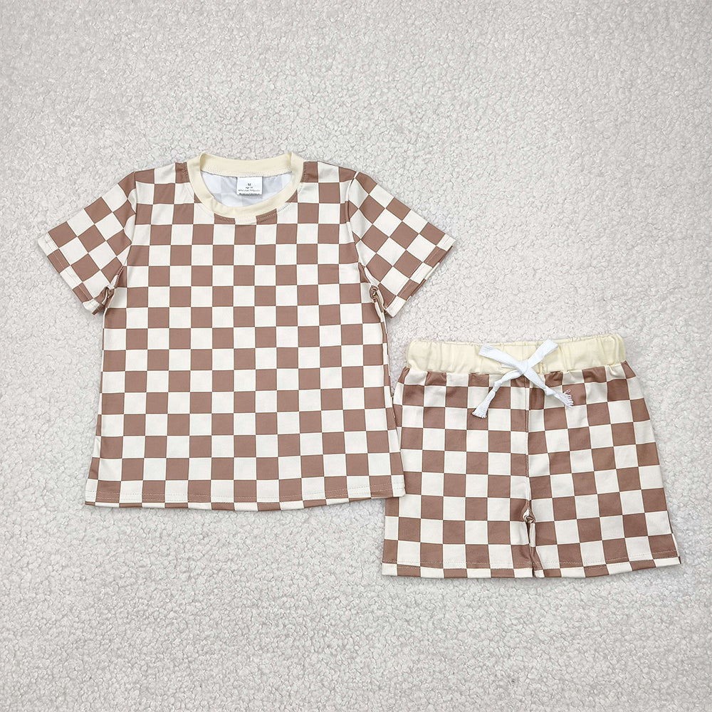 BSSO1422RTS NO MOQ Baby Boys Summer Boys Outfits Khaki Plaid Baby Kids Summer Clothing Short Sleeve Comfortable Soft Polyester Square Patterned Romper for Infants