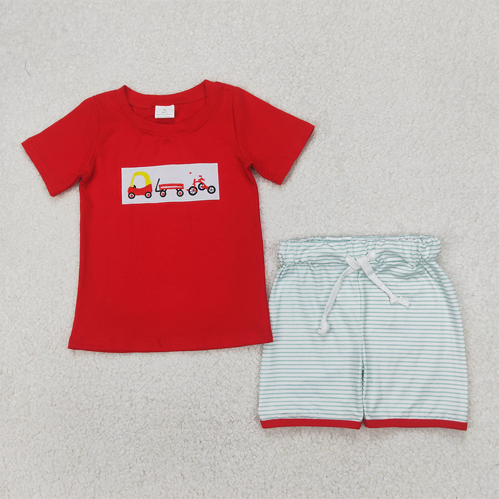 6.16 BSSO1432 RTS NO MOQ Baby Boys Summer Boys Outfits Embroidered bicycle red short sleeve green striped shorts set