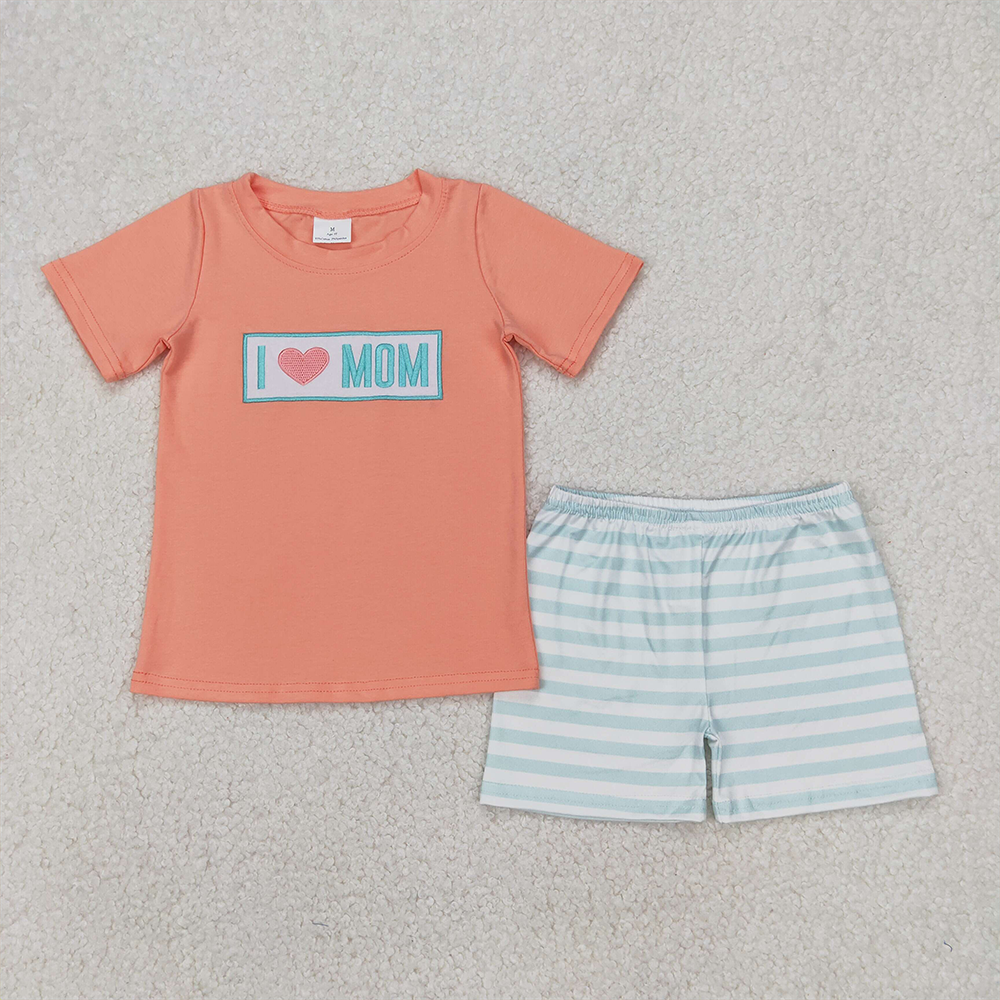 5.28 RTS NO MOQ Orange I love MOM stripe shorts boys clothing